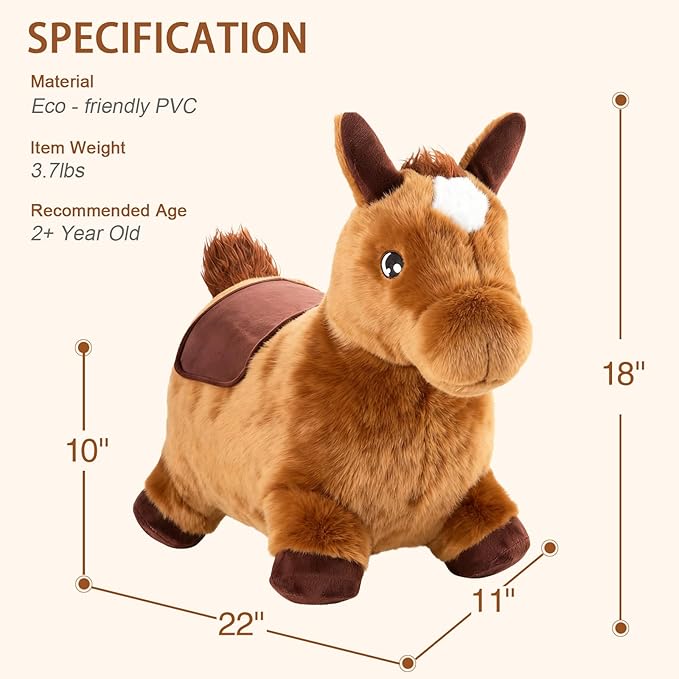 INPANY Bouncy Horse for Toddlers - Plush Brown Bouncing Horse Hopper, Ride on Animal Toys for Girls Boys, Outdoor Indoor Inflatable Horse Gifts - Plush Covered (Include Pump)