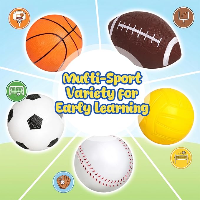 LovesTown Sports Balls for Kids, 5 Pack Inflatable Playground Balls Rubber Kickballs Dodgeballs with Duffle Bag, for Kids Toddlers Indoor Outdoor Toys