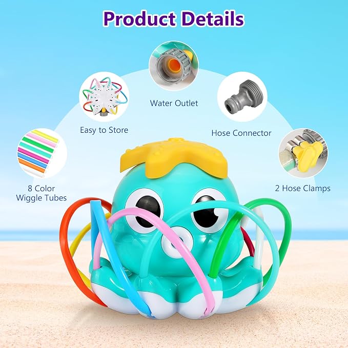 MoKo Water Spray Sprinkler for Kids-Cute Sprinkler with 8 Wiggle Tubes and 2 Hose Clamps Outdoor Sprinklers Summer Octopuses Toys for Garden Backyard Lawn Splashing Fun Toys for Boys Girls, Light Blue