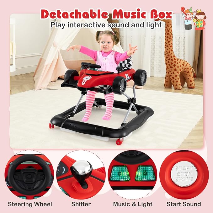 BABY JOY 4-in-1 Baby Walker, Foldable Activity Walker with Push Mode, Adjustable Height, Lights, Anti-Rollover, Baby Walker with Wheels for Boys Girls 6-18 Months (Red)