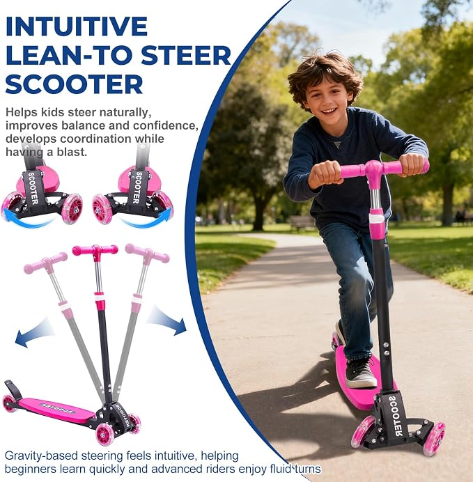 3 Wheel Scooter for Kids Ages 3-12, LED Light-Up Kids Kick Scooter–Portable Foldable, Adjustable Height, Durable Metal Construction, 6" Extra Wide Deck for Outdoor Activities,Child Safety Certified