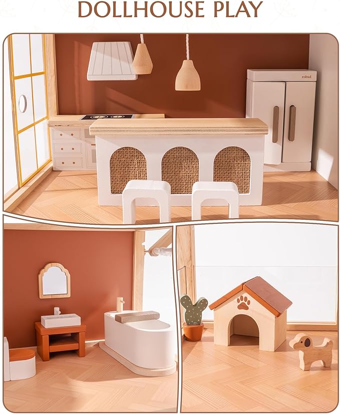 ROBUD Doll House - Wooden Bohemian Dollhouse with Realistic Design, Includes 37 Pieces of Furniture & Accessories for Kids Ages 3+