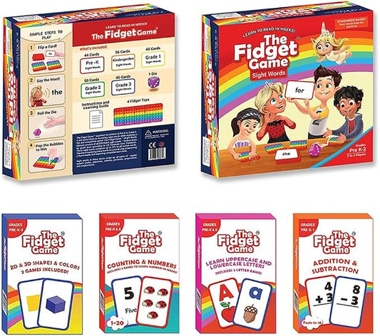THE FIDGET GAME Kindergarten Learning Bundle - Flashcards and Pop Fidget Toys for Kids Pre-K to Grade 3 - Learning Activities and Games for High-Frequency Dolch Sight Words - Includes Mats and Dice
