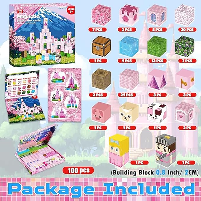 Pink Magnetic Building Blocks Magnetic Building Tiles Toys for Boys Girls Age 3+，Creative Plastic Magnet Square Gift for Kids Pink Castle 100PCS