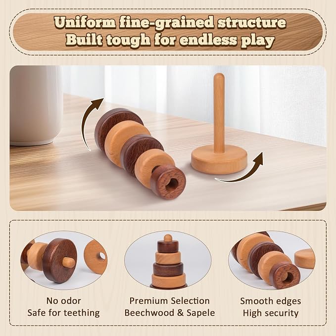 Adena Montessori Ring Wooden Stacking Toy,Montessori Geometric Stacker Wooden Educational Toy,Baby and Toddler Ages 12+ Months Shape Sorter and Stacking Toy, Stacking Tower Toy for Babies(Circle)