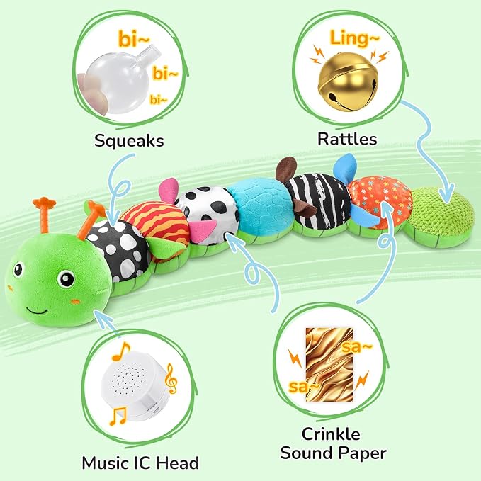 AWOTOY Baby Toys 6-12 Months Music Caterpillar,Stuffed Animals Infant Toys 0-3-6 Months,Baby Sensory Toys Tummy Time with Crinkle Rattle Teething Toys Boys Girls Gifts Birthday Shower Gifts