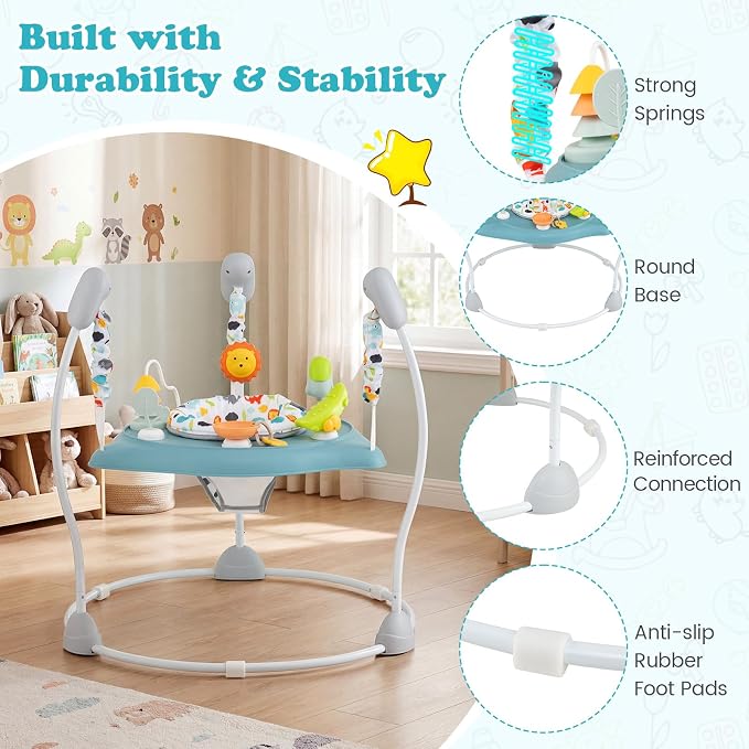 BABY JOY Baby Activity Center, Baby Jumpers and Bouncers with Music, 360° Rotating Seat, 3 Adjustable Heights, Montessori-Inspired Activity Center for Baby 7-15 Months (Baby Blue)