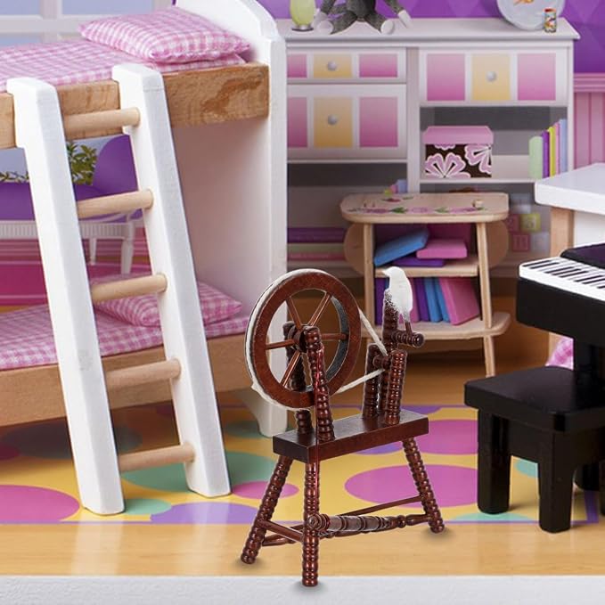 Toyvian Dollhouse Wooden Spinning Wheel, 1:12 Scale Vintage Miniature Hand Reeling Machine Furniture Tiny Toy House Accessory for Fairy Garden Kids Playhouse