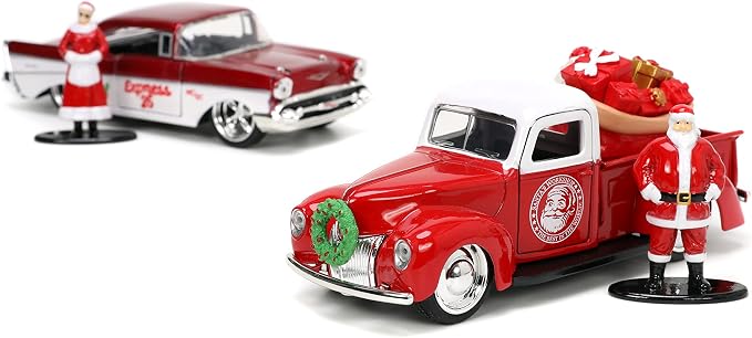 Jada Toys Holiday Rides 1:32 1941 Ford Pickup & 1957 Chevy Bel-Air Die-cast Car with 1.65” Santa Claus & Mrs. Santa Claus Figure, Toys for Kids and Adults