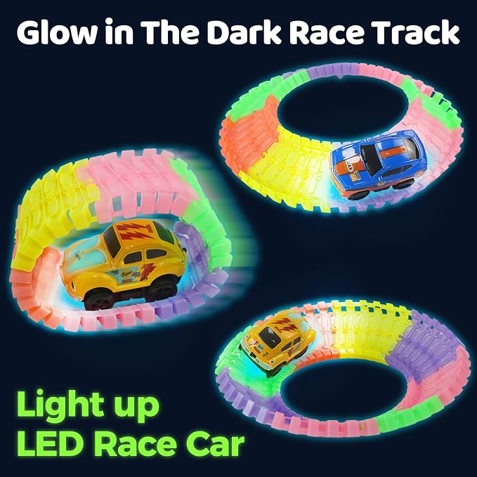 Race Tracks for Kids Ages 3 4 5 6 7 8, Flexible Race Track for Kids | Flexible Kids Race Track Set, GLow in The Dark, 300 PCS, Birthday Gifts for Boys Girls