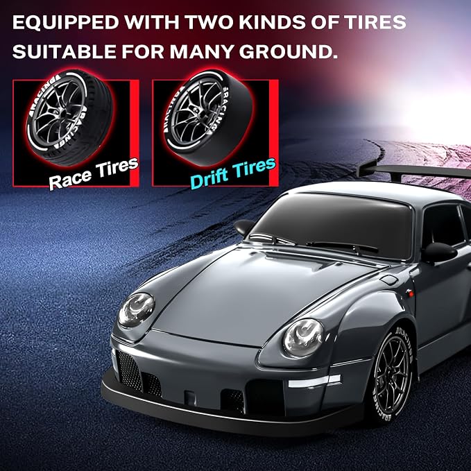 ACAMMZAR RC Drift Car, 1:24 Remote Control Car for Kids, 20KM/H 4WD High Speed RC Cars with LED Lights, Two Batteries, Extra Drifting Tires, Vehicle for Adults Boys Girls
