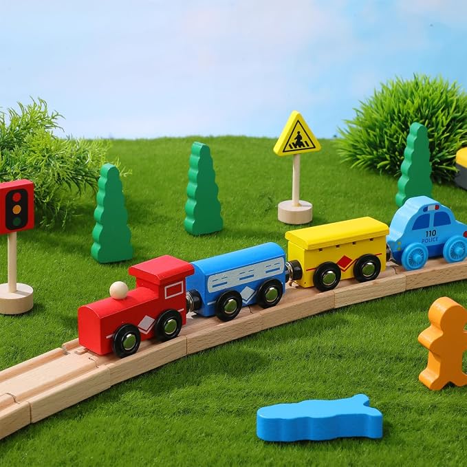 SEWACC 18Pcs Wooden Train Track Accessories Set Compatible with Major Toy Train Brands Includes Straight and Curved Tracks for Kids Ages 3 Enhances Creativity and Motor Skills