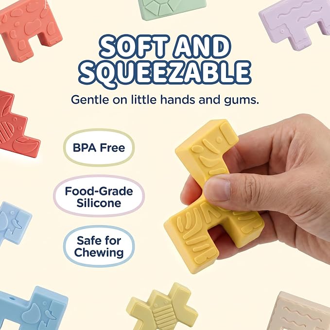 10 Soft Animal Stacking Blocks for Babies 6-12 Months, Montessori Toys for 1 2 Year Old Girls & Boys, Building Blocks Game Teething Toys for Babies Birthday Gifts, Shapes & Colors