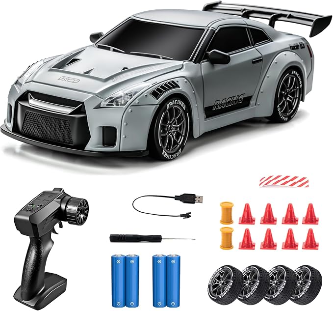 RC Drift Car, 1/24 Remote Control Drift Car for Adults Kids, 4WD 20KM/H High Speed Widebody Design Grey RC Sports Cars with LED Lights, Extra Tires, Vehicle for Boys Beginner Indoors Outdoors
