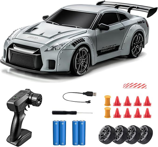 RC Drift Car, 1/24 Remote Control Drift Car for Adults Kids, 4WD 20KM/H High Speed Widebody Design Grey RC Sports Cars with LED Lights, Extra Tires, Vehicle for Boys Beginner Indoors Outdoors