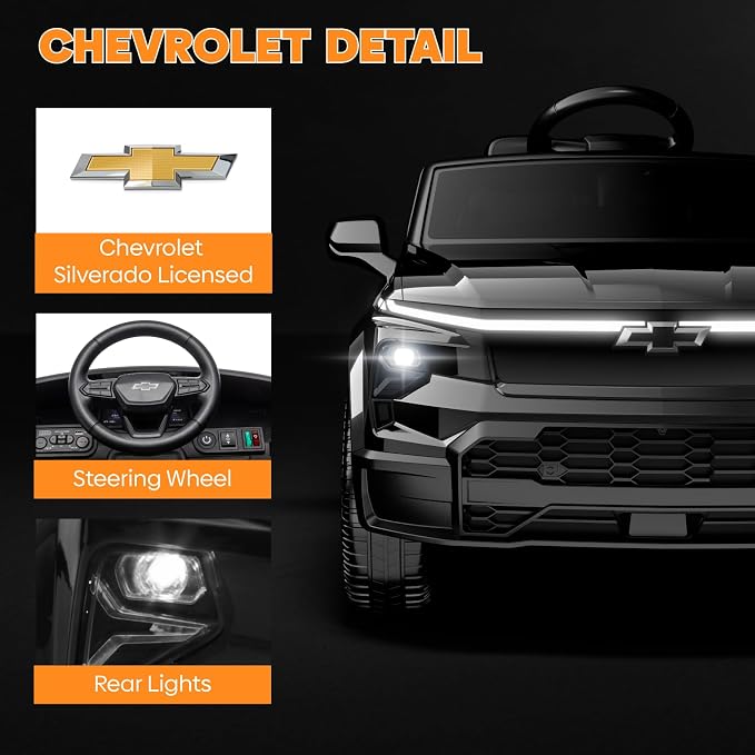 24V Licensed Chevrolet Silverado Electric Car for Kids, Ride on Toys for Toddlers with Remote Control, Soft Start, LED Lights, Music Player, Seat Belts, Easy to Assemble, Black