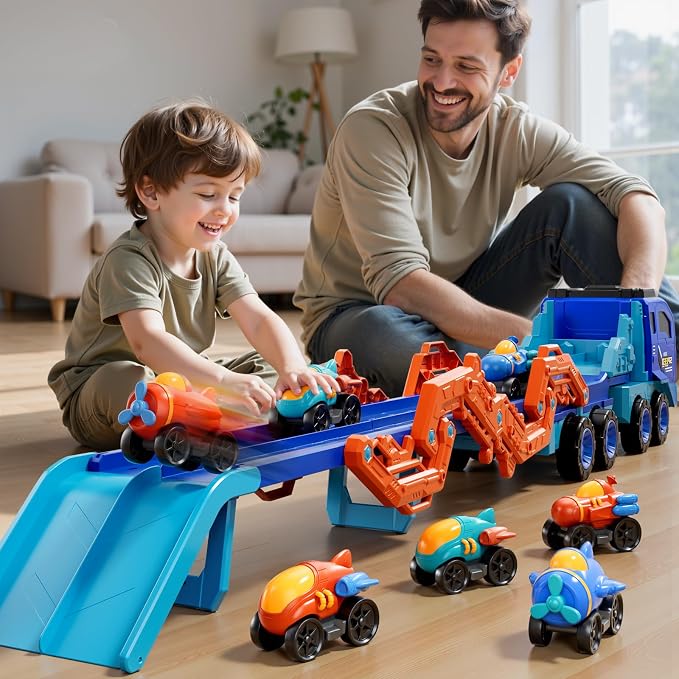 PEADUCK Toddler Car Truck Toys for Kids Boys Ages 3-5, 10-in-1 Foldable Carrier Space Truck Toys with Lights & Sounds and 9 Race Cars, Birthday Gift for 3 4 5 6 7 8 Years Old Boys Girls