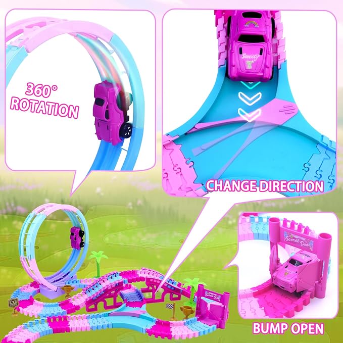 178 PCS Track Toy, Pink Racing Tracks Toys for 3 4 5 6 Year Old Girls, Flexible Tracks Car Magic Bendable Race Track Princess Toys with Light & Music for Toddlers, Kids and Girl Xmas Birthdays Gifts