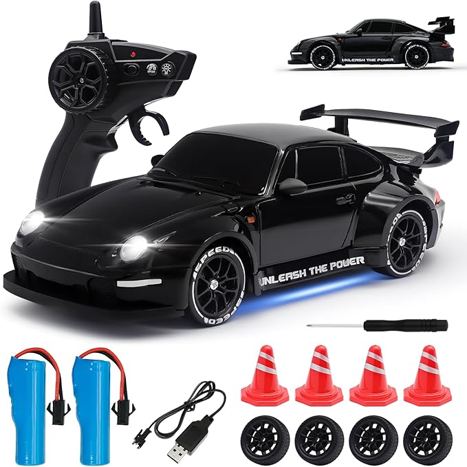 RC Drift Car,1:24 Scale Remote Control Car, 2.4GHz 20KM/H 4WD High Speed RC Cars for Kids with LED Light, Two Batteries,Drifting Tires,Racing Vehicle Toy for Adults Boys Girls Black