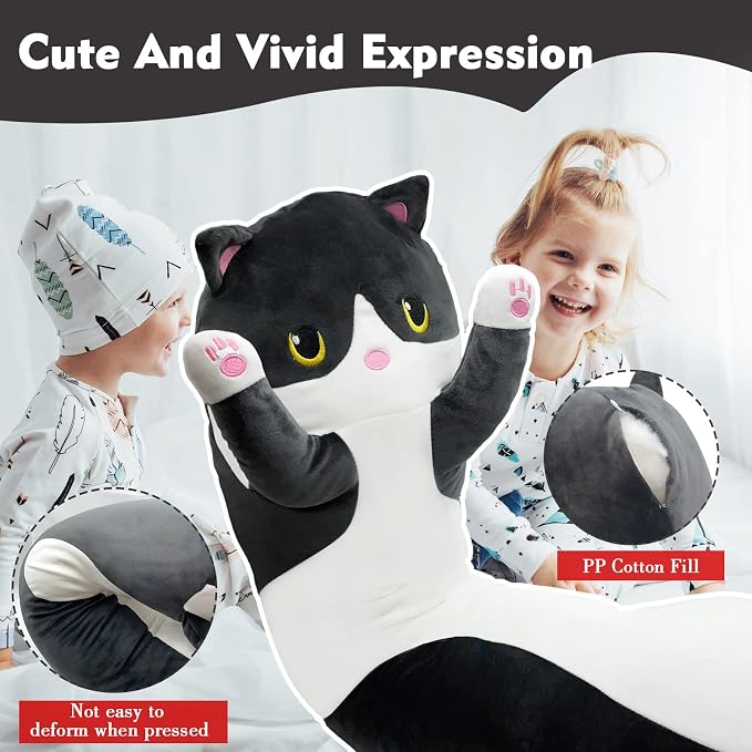 Long Cat Plush Pillow, 27.6in Cute Black Cat Plushie Stuffed Animals Body Pillow, Kawaii Kitten Soft Plushie Doll Toy Birthday Gift for Children Girlfriend