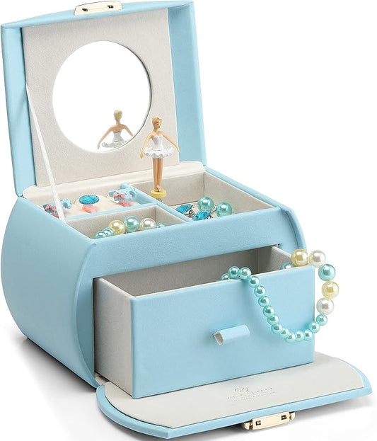 VLANDO Kids Musical Jewelry Box for Girls with Drawer, Music Box with Ballerina and Stickers for Birthday Bedroom Decor, Gifts for Girls Kids Christmas Thanksgiving Gifts 2023 - Blue