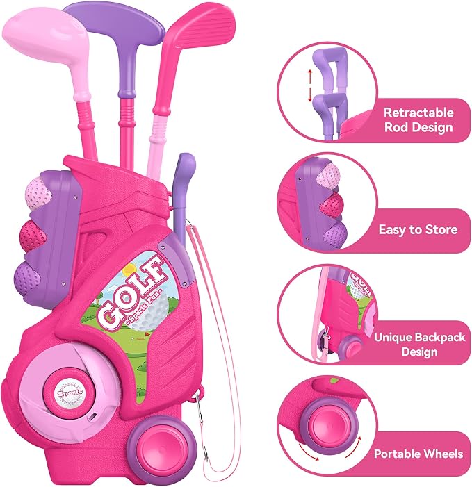 Liberry Toddler Golf Set for 2 3 4 Years Old, Upgraded Kids Golf Cart with Unique Shoulder Strap Design, Indoor and Outdoor Golf Toys Gifts for Girls Boys (Pink)