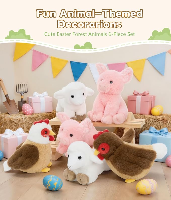Tezituor Farm Animal Stuffed Animals 6 Pack, 8 Inch Plush Toys Bulk with Chicken Pig Lamb, Soft Barnyard Animal Plushies for Kids Toddlers, Farm Theme Party Favors, Birthday Gifts, Classroom Prizes