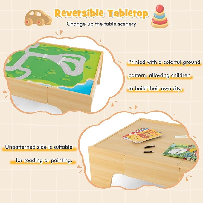 HONEY JOY Train Table, Wooden Kids Activity Table with Storage, 84 Multicolor Pieces, Tracks, Trains, Cars, Toddler Toy Train Table Set w/Reversible Tabletop, for Boy Girl Ages 18 Months+, Natural
