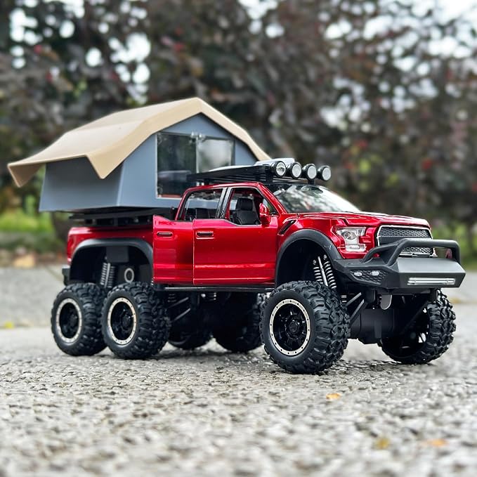 OANMYJJO Toy Trucks for Boys Age 4-7,Trucks for Kids F150 Diecast Truck,Model F150 Pickup Truck with Sightseeing Cabin,Pull Back Cars with Light and Sound,Trucks for Kids Ages 4-8（Red）