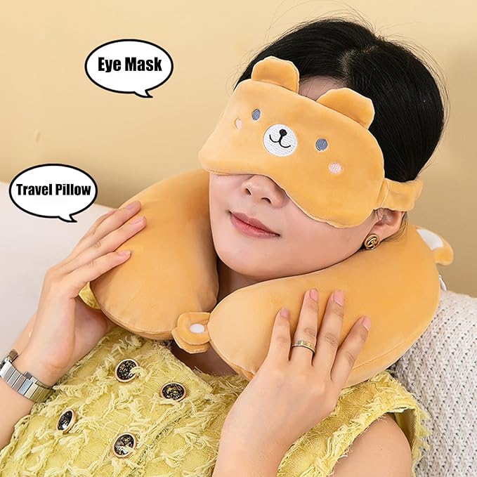 Kids Neck Pillow for Travel with Sleep Eye Mask, Cute Travel Neck Pillow, Memory Foam Flight Sleeping Headrest Pillow for Boys & Girls, Airplane, Train, Car, Home Use - Peach Bear