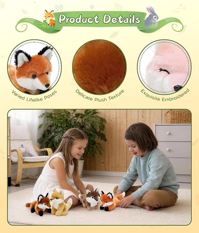 Tezituor 6 Pack Fox Stuffed Animals, 8 Inch Stuffed Fox Plush Toys Bulk, Assorted Color Mini Fox Plushies for Kids, Toddlers, Birthday Party Favors, Nursery Decor