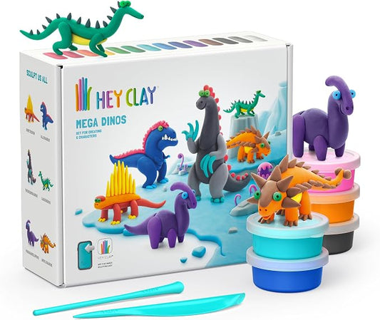 HEY CLAY Set - Colourful Modeling Air Dry Clay Kit for Kids 15 cans and Sculpting Tools with Fun Interactive Instructions App - Children 3+ (Mega Dinos)