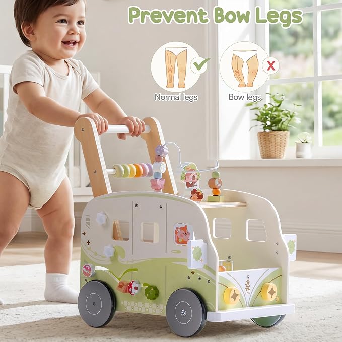 ROBUD Wooden Baby Walker, Height & Speed Adjustable Baby Push Walker with Anti-Slip Wheels, Developmental Activity Center with Forest Toys for 12-36 Months，Green