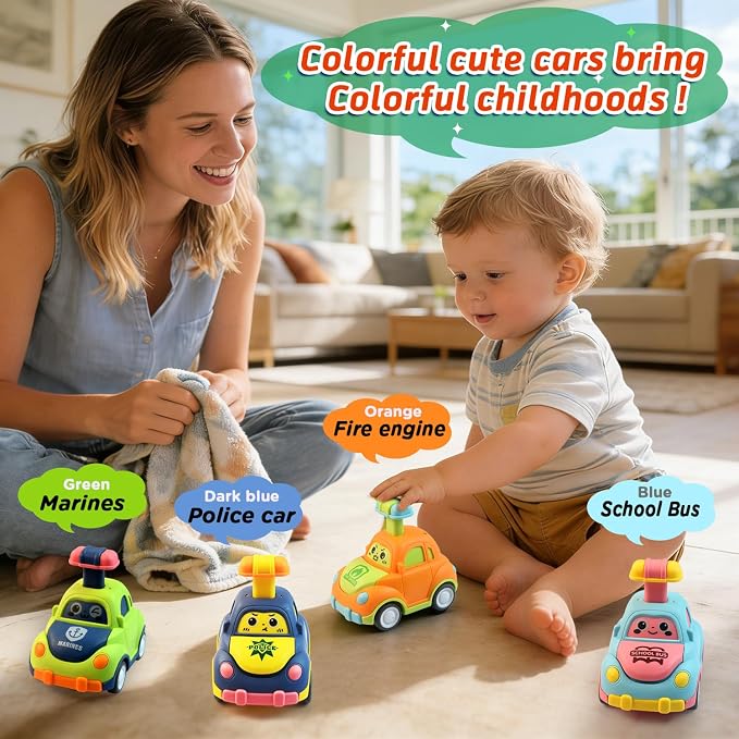 soi-meme 4 Pack Press and Go Car Toys for Toddlers 1-3 Year Old Boys, Easy Push Down Action, Certified CPSC- Learning Cause Effect Toddler Toy, Gifts for 1+ Year Old Baby Boy Girl