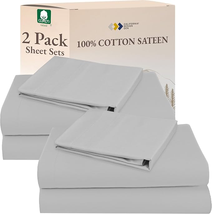 California Design Den 100% Cotton Pack of 2 Twin Size Bed Sheets, Soft & Durable Twin Sheet Set Cotton with 12" Pockets, Twin Sheet Set with Sateen Sheets (Light Grey)