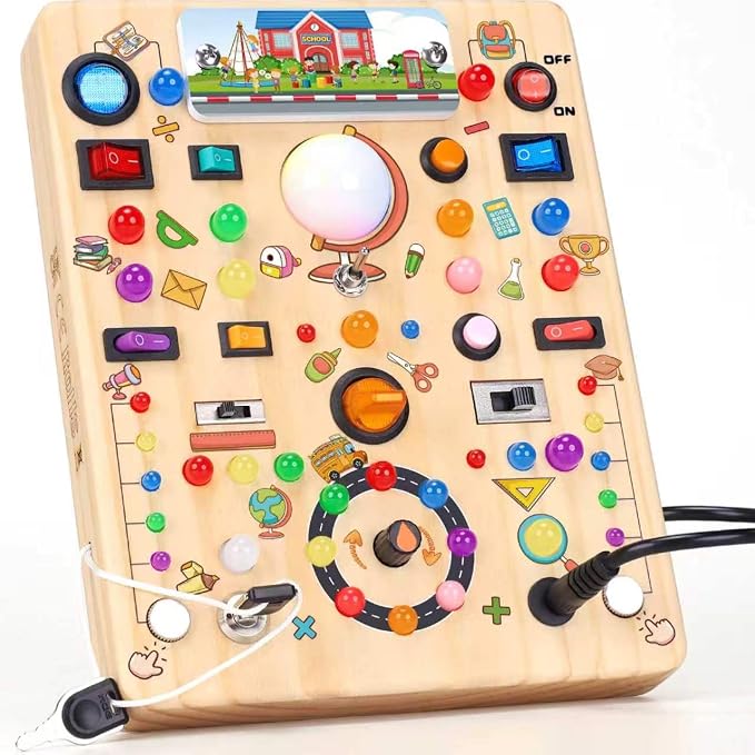 RichBoy Montessori Toy Busy Board with 40 LED Lights, 59-in-1 Sensory Toys for Toddlers, Travel Educational Activity for Airplane, Ideal Christmas Birthday Gift for Boys & Girls (School 7.8" x 6.5")
