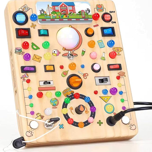 RichBoy Montessori Toy Busy Board with 40 LED Lights, 59-in-1 Sensory Toys for Toddlers, Travel Educational Activity for Airplane, Ideal Christmas Birthday Gift for Boys & Girls (School 7.8" x 6.5")