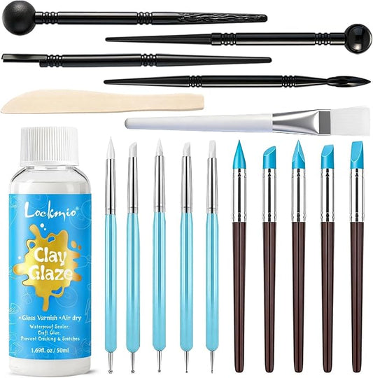 17PCS Silicone Clay Sculpting Tools, Dual-Ended Dotting Tools Set with 1.7 FL OZ Air Dry Clay Glaze for Pottery, Ceramic Modeling, Rock Painting, Art Blending - Ideal for Adults & Kids DIY Crafts