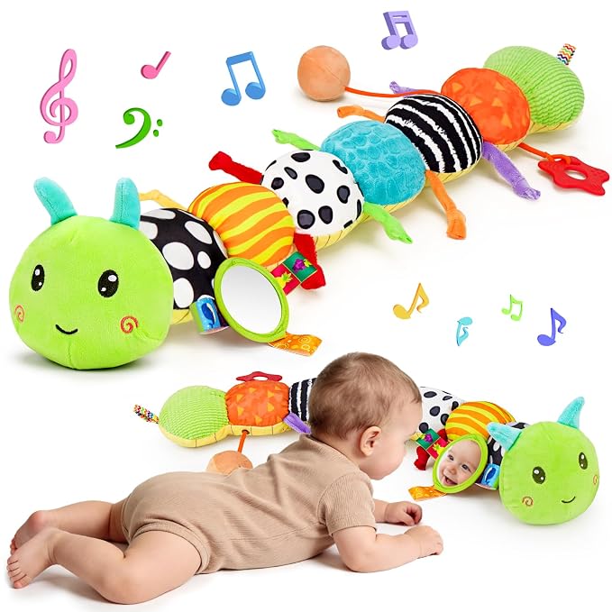 Topsochir Baby Sensory Toys 0-6 Months Music Animal Stuffed Plush Caterpillar Toy for Infant 0-3-6-12 Month Old Tummy Time with Mirror Crinkle Rattle Toys for Newborn Boys Girls Shower Birthday Gifts