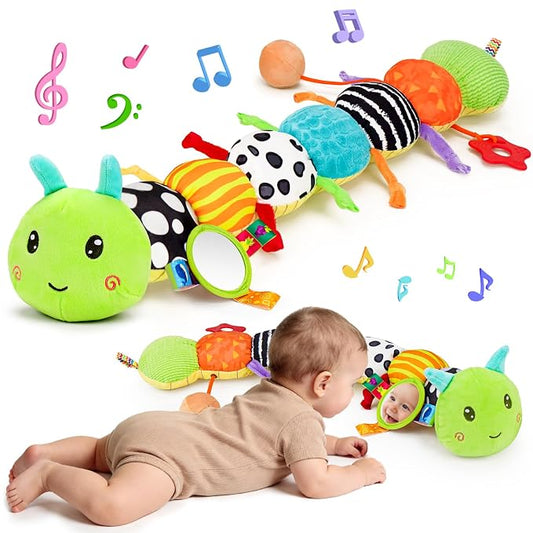 Topsochir Baby Sensory Toys 0-6 Months Music Animal Stuffed Plush Caterpillar Toy for Infant 0-3-6-12 Month Old Tummy Time with Mirror Crinkle Rattle Toys for Newborn Boys Girls Shower Birthday Gifts