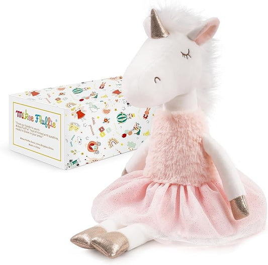 Mikkee Fluffie 15" Ballerina Unicorn Plush - Magical Stuffed Animal with Gold Horn & Hooves, Sparkling Tulle Tutu Skirt - Whimsical Keepsake Gift for Girls, Nursery Decor, Prima Ballerina Doll