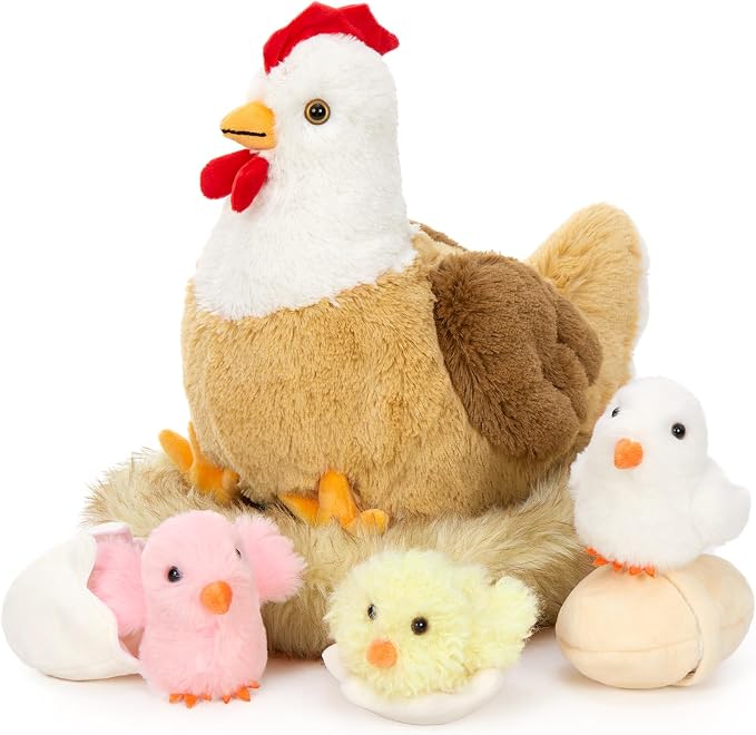 7Pcs Chicken Stuffed Animals, Stuffed Hen Plush with Baby Chicks & Eggs, Nest Hen Coop Plush Toy Set for Kids, Soft Stuffed Farm Animal Plushie for Birthday Christmas Easter Gift, 14"