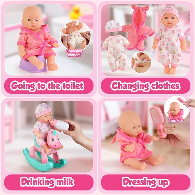 Baby Doll Bath Toys Set with Bathtub, 11" Baby Dolls, Rocking Chair,Swimming Ring, 2 Sets Baby Dolls Clothes and 15 PCS Doll Accessories.Perfect Pretend Play Toddler Toy Gift for Girls Aged 3 4 5 6.