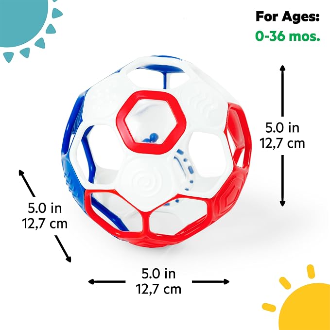 Bright Starts Oball Grippin' Goals Rattle Soccer Ball - Red, White & Blue, Easy-Grasp Toy for Newborn and Up