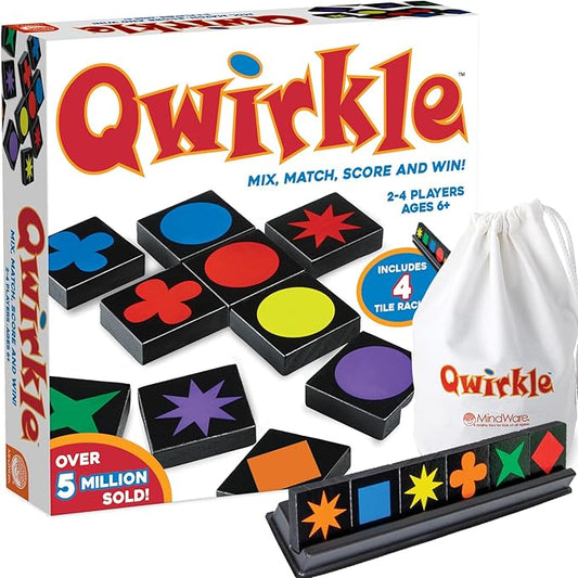 MindWare Qwirkle with Trays Board Game for Kids Ages 6+ Strategy Tile Game for Family Game Night 2-4 Players with 108 Wooden Tiles and 4 Trays