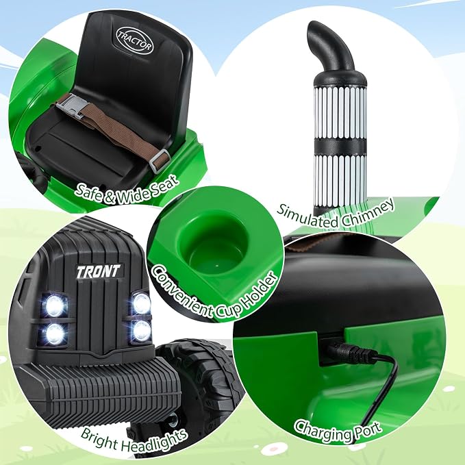 Costzon 24V Ride on Tractor with Detachable Trailer, Kids' Electric Vehicles with 3 Speeds, 15° Climbing, Wireless Design, Horn & Music, Remote Control Tractor Toy for Kids 3+,Gift (24V, Green)