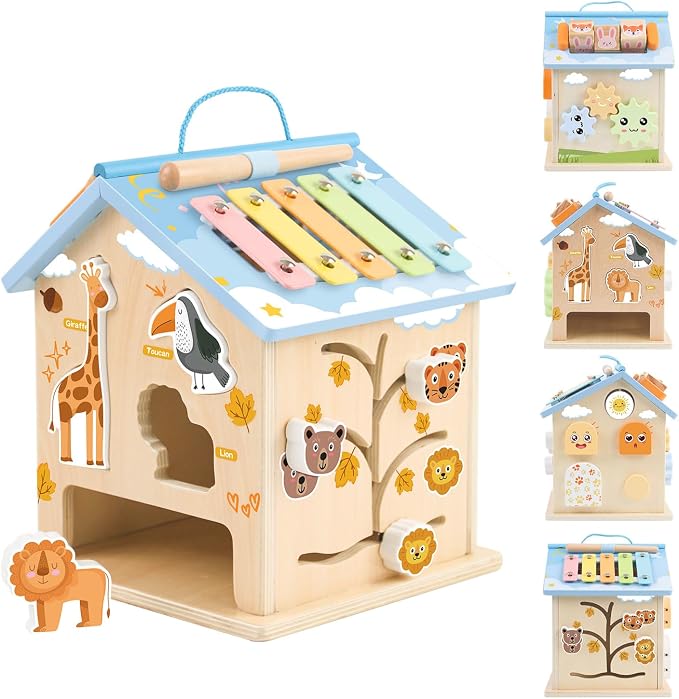 Wooden Activity Cube 8-in-1 Baby Activity Center Montessori Toys for 1 Year Old & Up Educational Learning Toys for Toddlers with Animal Friends