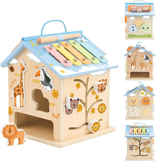 Wooden Activity Cube 8-in-1 Baby Activity Center Montessori Toys for 1 Year Old & Up Educational Learning Toys for Toddlers with Animal Friends