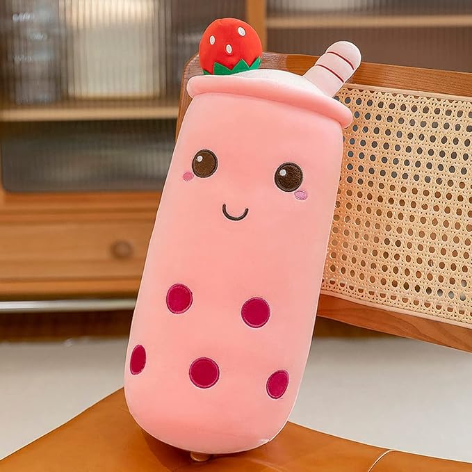 Rexinc Cute Plushies Plush Plushie Long Strawberry Pillow Bubble Tea Stuffed Animal Valentines Gift for Kids Adults Girlfriend (Long Pink Plush,36 Inch)
