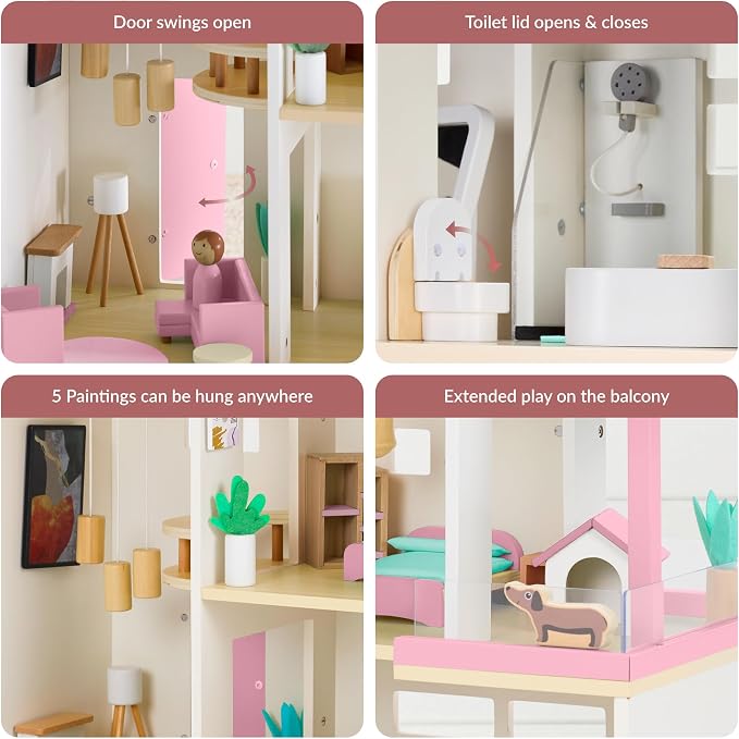 Best Choice Products Modern Wooden Dollhouse for Kids, 3-Story Doll House with 40 Furniture Accessories, Interactive Dollhouse Set with Dolls, Multi-Room Design for Girls & Boys - Pink